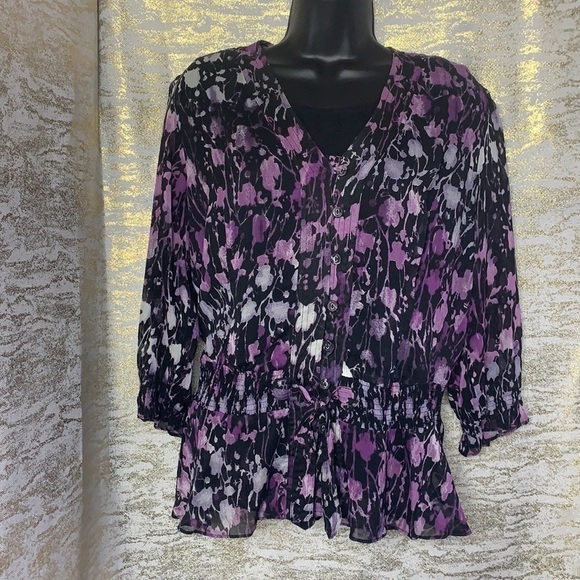 JM collection Petite Black/Purple Floral Print Semi Shear Blouse Size 8P - Picture 2 of 14
